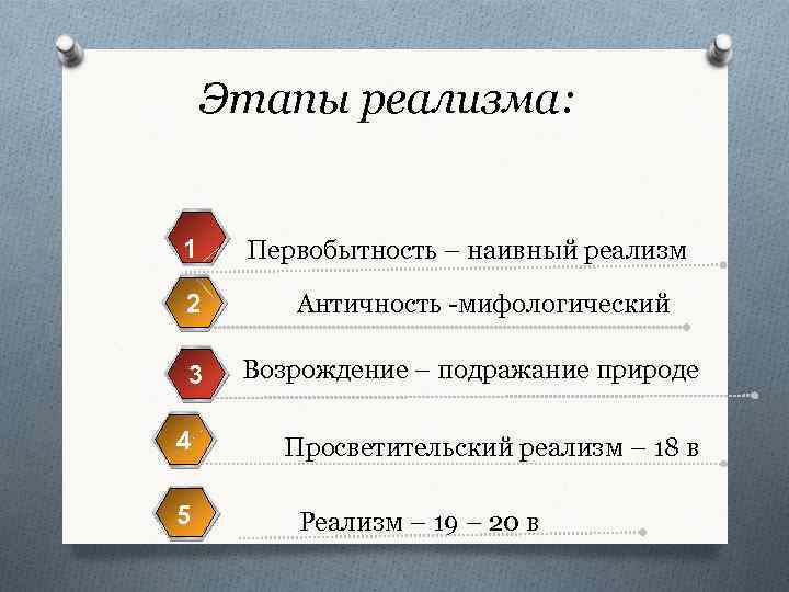 Этапы реализма: 1 2 3 4 5 Первобытность – наивный реализм Античность -мифологический Возрождение