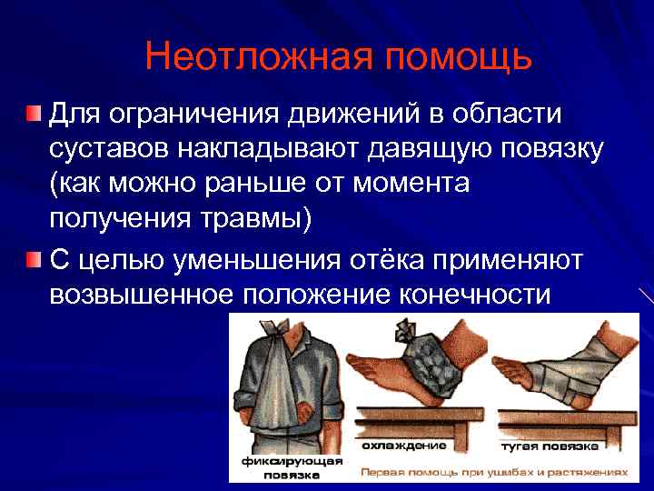 Неотложная помощь Для ограничения движений в области суставов накладывают давящую повязку (как можно раньше