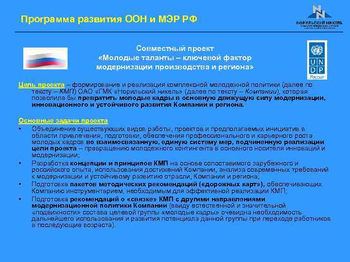 Программа развития ООН и МЭР РФ Совместный проект «Молодые таланты – ключевой фактор модернизации