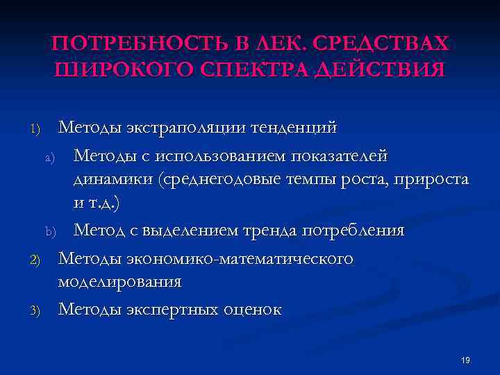 ПОТРЕБНОСТЬ В ЛЕК. СРЕДСТВАХ ШИРОКОГО СПЕКТРА ДЕЙСТВИЯ Методы экстраполяции тенденций a) Методы с использованием