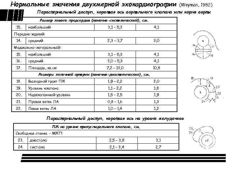 Нормальные значения двухмерной эхокардиографии (Weyman, 1982) Парастернальный доступ, короткая ось аортального клапана или корня