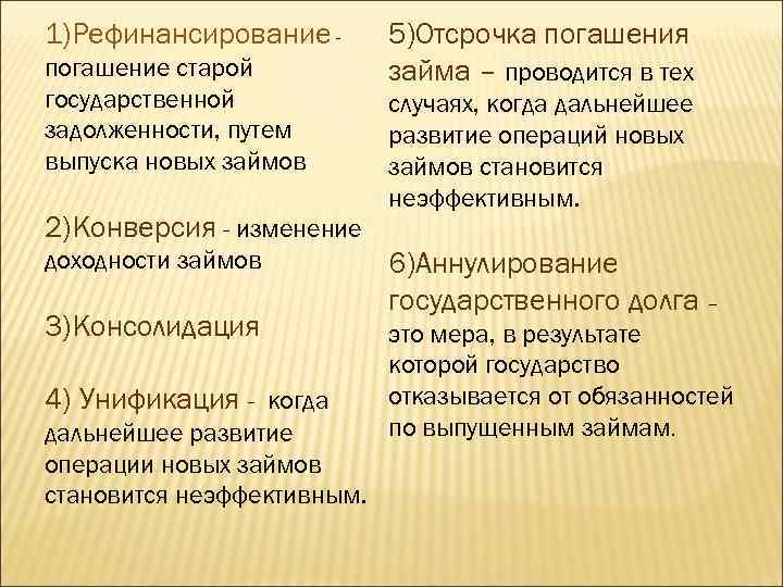 1)Рефинансирование погашение старой государственной задолженности, путем выпуска новых займов 2)Конверсия - изменение доходности займов