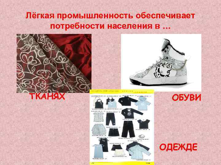 Лёгкая промышленность обеспечивает потребности населения в … ТКАНЯХ ОБУВИ ОДЕЖДЕ 
