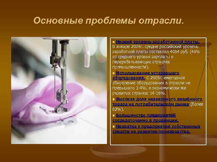 Основные проблемы отрасли. Низкий уровень заработанной платы. В январе 2006 г. средне российский уровень