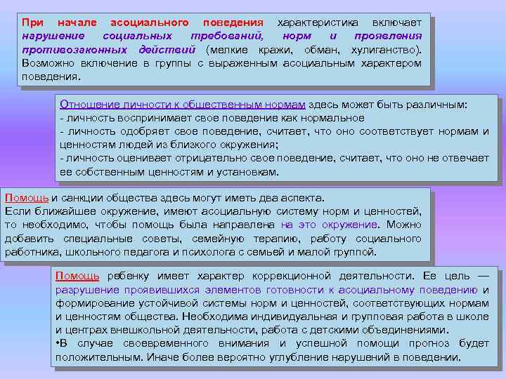 При начале асоциального поведения характеристика включает нарушение социальных требований, норм и проявления противозаконных действий