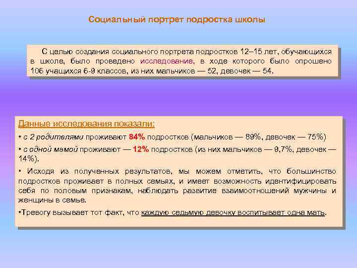 Социальный портрет подростка школы С целью создания социального портрета подростков 12– 15 лет, обучающихся