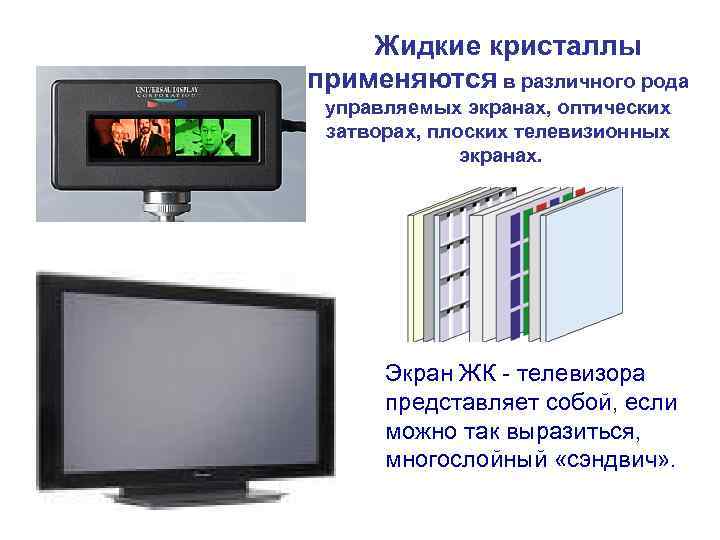  Жидкие кристаллы применяются в различного рода управляемых экранах, оптических затворах, плоских телевизионных экранах.