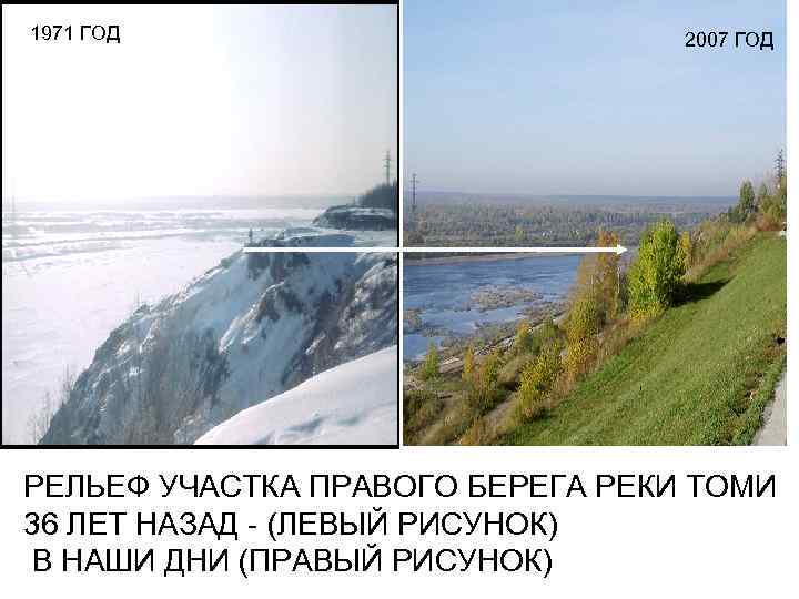 1971 ГОД 2007 ГОД РЕЛЬЕФ УЧАСТКА ПРАВОГО БЕРЕГА РЕКИ ТОМИ 36 ЛЕТ НАЗАД (ЛЕВЫЙ