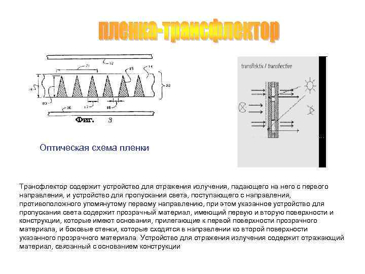 Оптическая схема пленки Трансфлектор содержит устройство для отражения излучения, падающего на него с первого