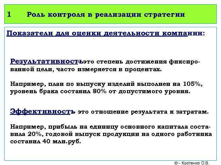 1 Роль контроля в реализации стратегии Показатели для оценки деятельности компании: Результативностьэто степень достижения