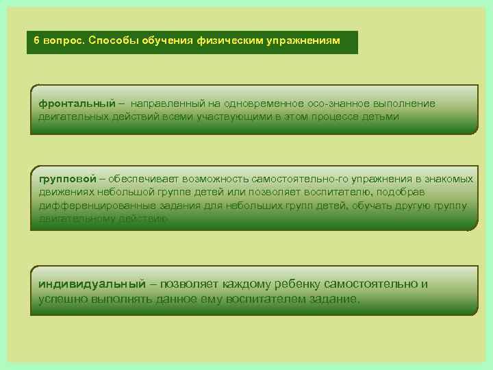 6 вопрос. Способы обучения физическим упражнениям фронтальный – направленный на одновременное осо знанное выполнение