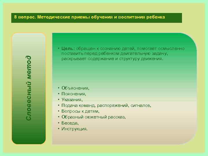 Словесный метод 8 вопрос. Методические приемы обучения и воспитания ребенка • Цель: обращен к