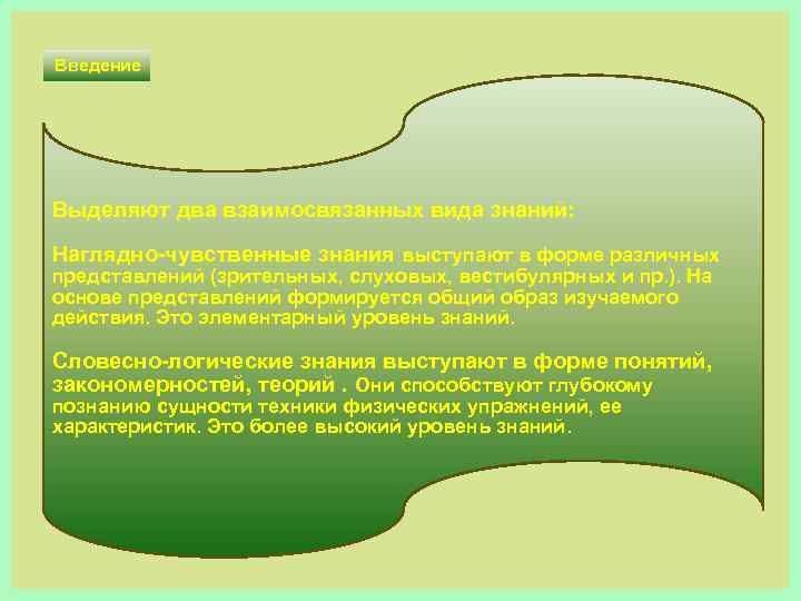 Введение Выделяют два взаимосвязанных вида знаний: Наглядно чувственные знания выступают в форме различных представлений