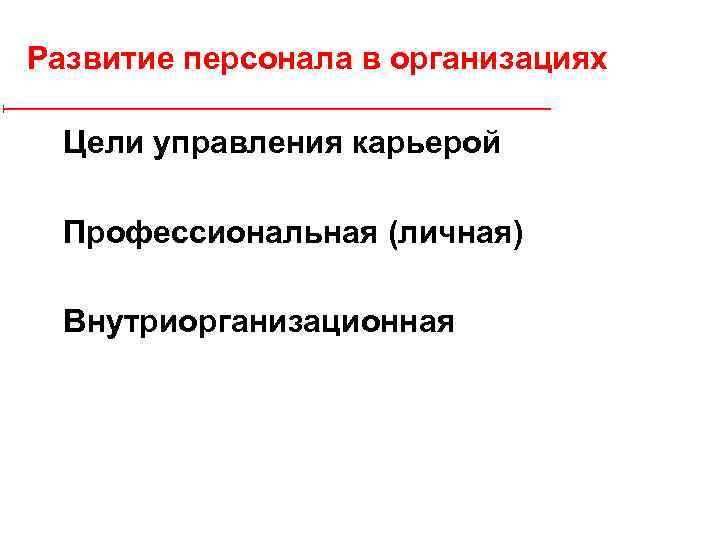 Развитие персонала в организациях Цели управления карьерой Профессиональная (личная) Внутриорганизационная 