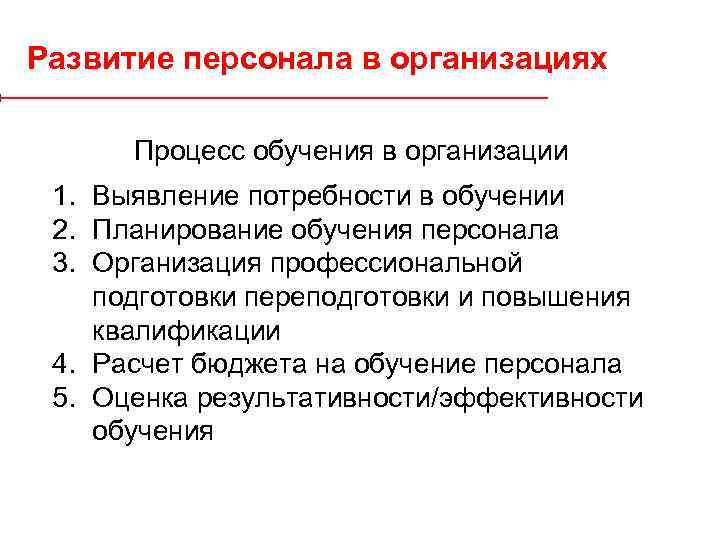 Развитие персонала в организациях Процесс обучения в организации 1. Выявление потребности в обучении 2.