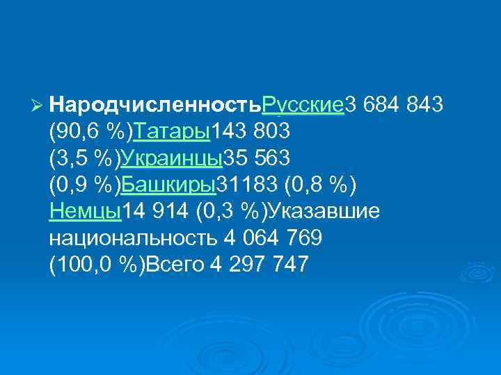 Ø Народчисленность. Русские 3 684 843 (90, 6 %)Татары143 803 (3, 5 %)Украинцы35 563
