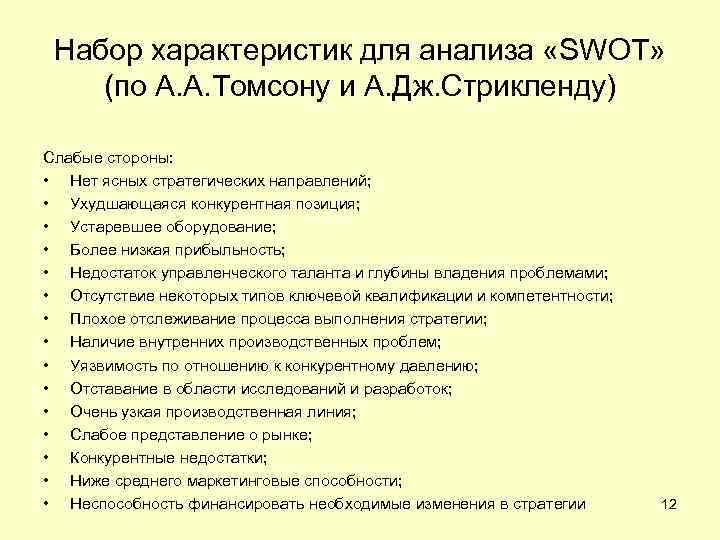 Набор характеристик для анализа «SWOT» (по А. А. Томсону и А. Дж. Стрикленду) Слабые