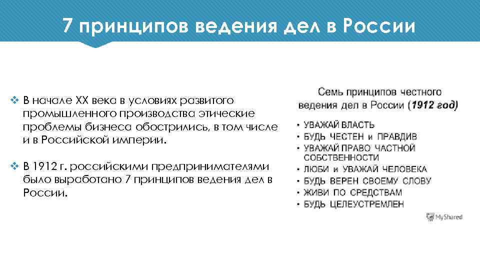 7 принципов ведения дел в России v В начале ХХ века в условиях развитого