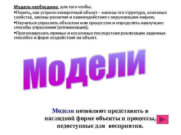 Модель необходима, для того чтобы: §Понять, как устроен конкретный объект – каковы его структура,