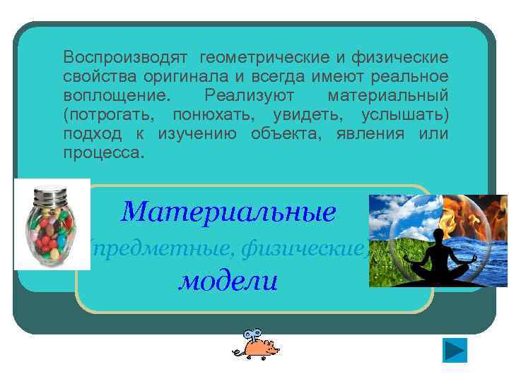 Воспроизводят геометрические и физические свойства оригинала и всегда имеют реальное воплощение. Реализуют материальный (потрогать,
