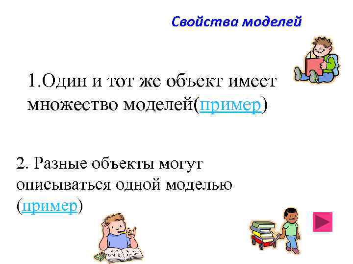 Свойства моделей 1. Один и тот же объект имеет множество моделей(пример) 2. Разные объекты