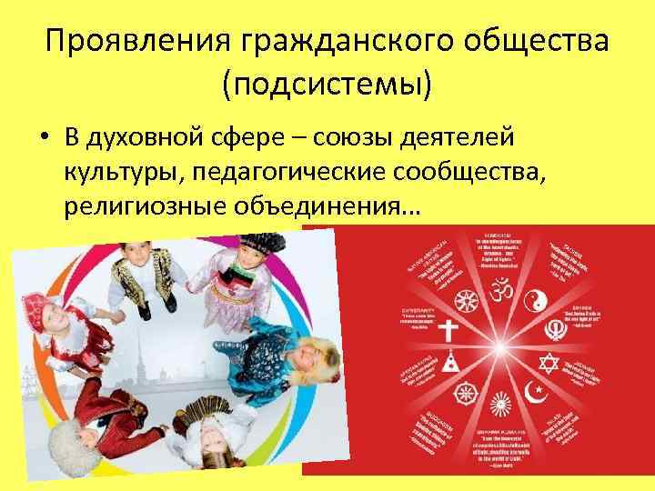 Проявления гражданского общества (подсистемы) • В духовной сфере – союзы деятелей культуры, педагогические сообщества,
