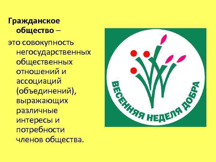 Гражданское общество – это совокупность негосударственных общественных отношений и ассоциаций (объединений), выражающих различные интересы