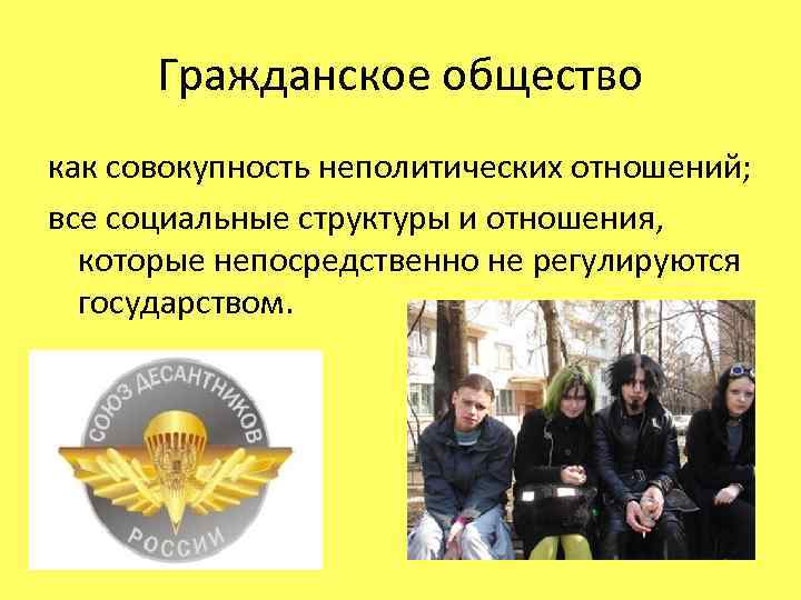 Гражданское общество как совокупность неполитических отношений; все социальные структуры и отношения, которые непосредственно не