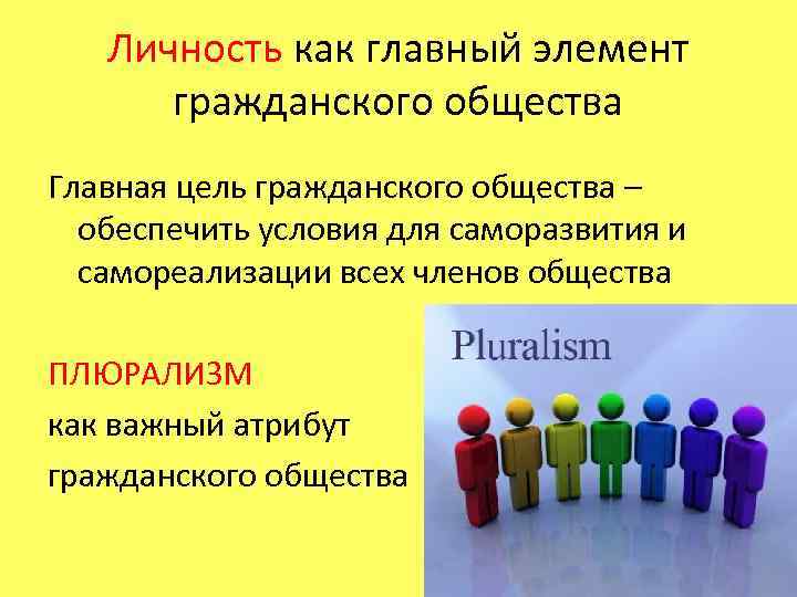 Личность как главный элемент гражданского общества Главная цель гражданского общества – обеспечить условия для