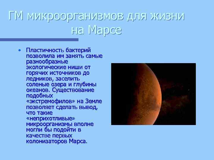 ГМ микроорганизмов для жизни на Марсе • Пластичность бактерий позволила им занять самые разнообразные
