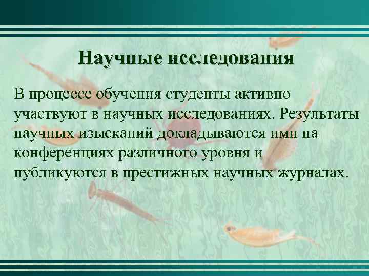 Научные исследования В процессе обучения студенты активно участвуют в научных исследованиях. Результаты научных изысканий