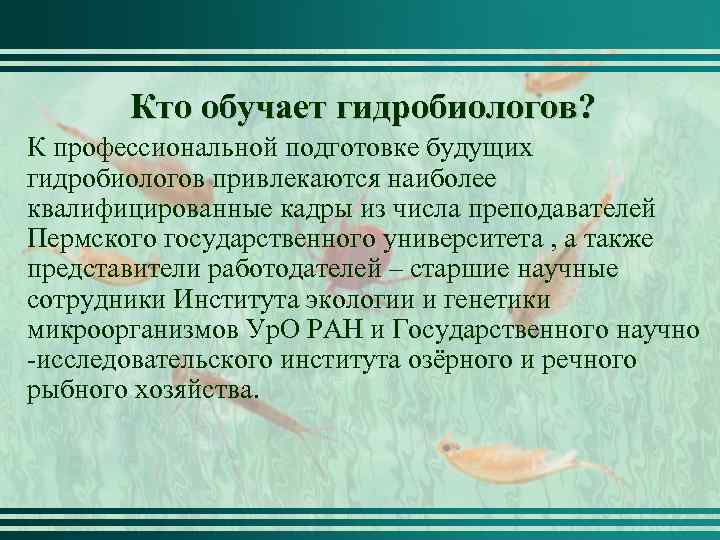 Кто обучает гидробиологов? К профессиональной подготовке будущих гидробиологов привлекаются наиболее квалифицированные кадры из числа