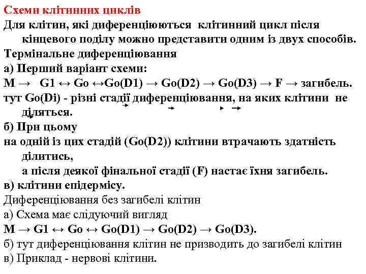 Схеми клітинних циклів Для клітин, які диференціюються клітинний цикл після кінцевого поділу можно представити