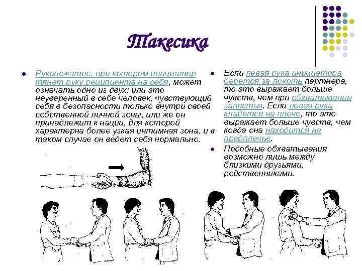 Такесика l l Рукопожатие, при котором инициатор тянет руку реципиента на себя, может означать