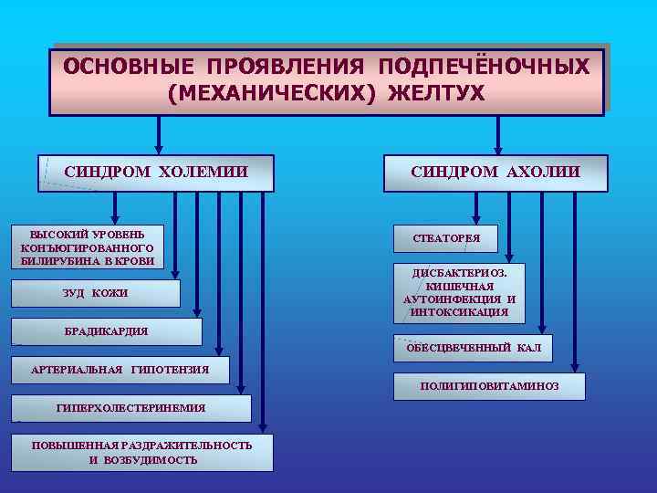 ОСНОВНЫЕ ПРОЯВЛЕНИЯ ПОДПЕЧЁНОЧНЫХ (МЕХАНИЧЕСКИХ) ЖЕЛТУХ СИНДРОМ ХОЛЕМИИ ВЫСОКИЙ УРОВЕНЬ КОНЪЮГИРОВАННОГО БИЛИРУБИНА В КРОВИ ЗУД