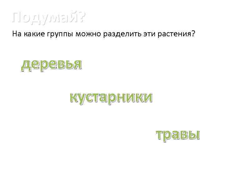 Подумай? На какие группы можно разделить эти растения? деревья кустарники травы 
