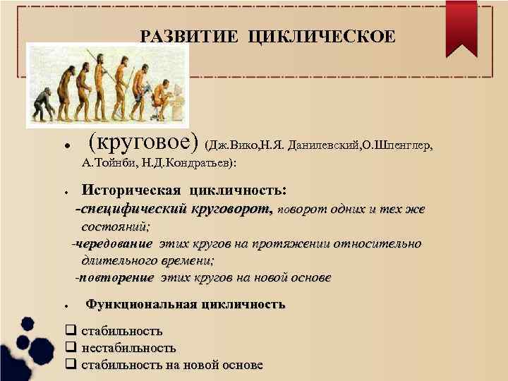РАЗВИТИЕ ЦИКЛИЧЕСКОЕ (круговое) (Дж. Вико, Н. Я. Данилевский, О. Шпенглер, ● А. Тойнби, Н.