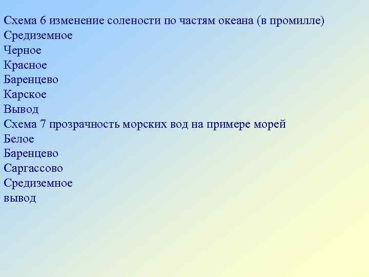 Схема 6 изменение солености по частям океана (в промилле) Средиземное Черное Красное Баренцево Карское