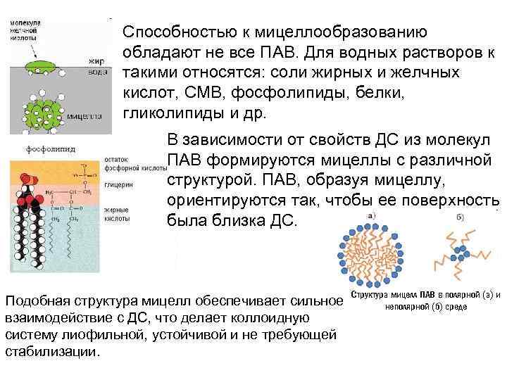 Способностью к мицеллообразованию обладают не все ПАВ. Для водных растворов к такими относятся: соли