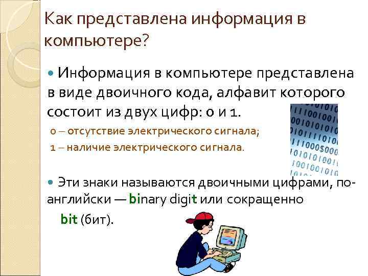 Как представлена информация в компьютере? Информация в компьютере представлена в виде двоичного кода, алфавит