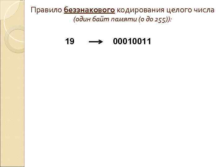 Правило беззнакового кодирования целого числа (один байт памяти (0 до 255)): 19 00010011 