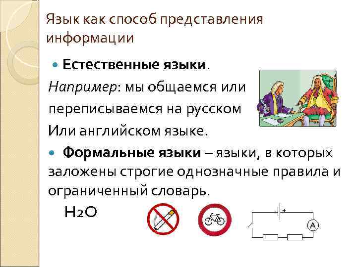 Язык как способ представления информации Естественные языки. Например: мы общаемся или переписываемся на русском