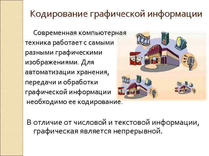 Кодирование графической информации Современная компьютерная техника работает с самыми разными графическими изображениями. Для автоматизации