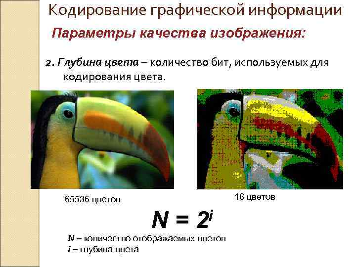 Кодирование графической информации Параметры качества изображения: 2. Глубина цвета – количество бит, используемых для