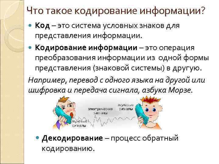 Что такое кодирование информации? Код – это система условных знаков для представления информации. Кодирование