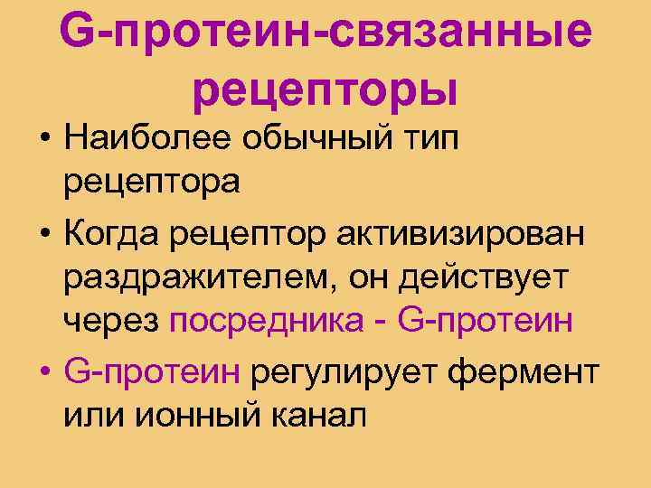 G-протеин-связанные рецепторы • Наиболее обычный тип рецептора • Когда рецептор активизирован раздражителем, он действует