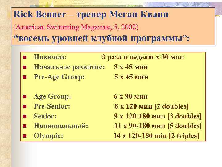 Rick Benner – тренер Меган Кванн (American Swimming Magazine, 5, 2002) “восемь уровней клубной