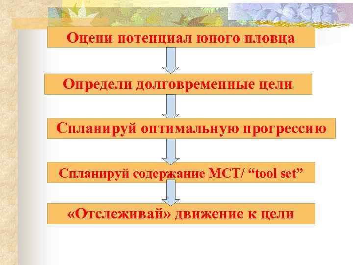 Оцени потенциал юного пловца Определи долговременные цели Спланируй оптимальную прогрессию Спланируй содержание МСТ/ “tool