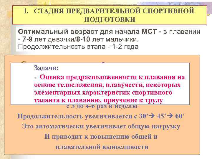 1. СТАДИЯ ПРЕДВАРИТЕЛЬНОЙ СПОРТИВНОЙ ПОДГОТОВКИ Оптимальный возраст для начала МСТ - в плавании -