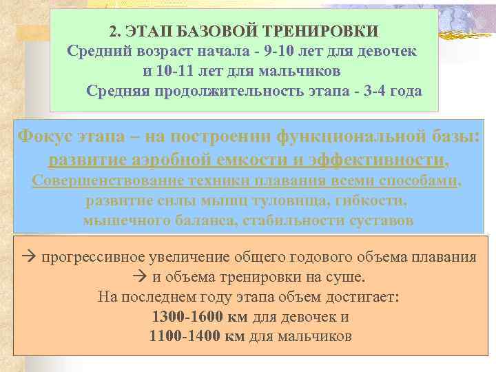 2. ЭТАП БАЗОВОЙ ТРЕНИРОВКИ Средний возраст начала - 9 -10 лет для девочек и